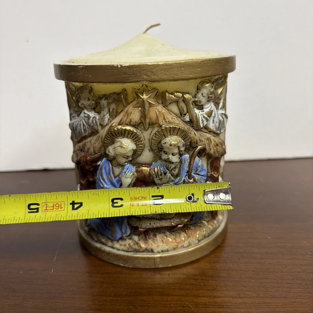 Vintage Lenox‎ Handpainted Nativity Candle Pillar Christmas Decor 1970 Gold Trim